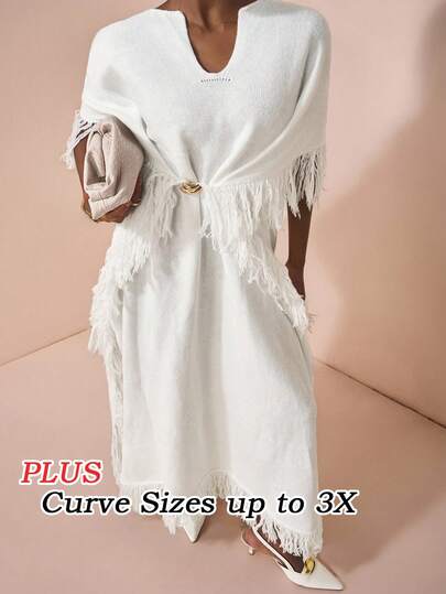 Veslaya 2026 Spring/Summer New Arrival - Vacation & Elegant & Party & Casual Date & Work Commute & Cozy Home & Soft Versatile Party Birthday & Bohemian & Beach Vacation Sunset Leisurely Walk Solid Color White Metal Buckle Decor V-Neck Tassel Maxi Dress, Women Plus Size Knitted Maxi Dress