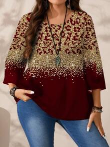 EMERY ROSE Plus Size Women Casual All-Over Print Round Neck Loose 3/4 Sleeve Shirt, Autumn/Winter Spring - Multicolor - View 8