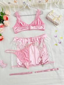 大码性感甜美可爱复古公主蕾丝拼接缎面上衣+丁字裤+迷你裙+吊袜带+腿环五件套 - 粉色 - 查看 9