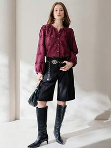 Frievida Áo cardigan tay dài màu đỏ tía cao cấp kiểu Pháp, dáng rộng, thêu họa tiết rỗng, phối nhiều mảnh, phong cách thường ngày, đa năng, tinh tế, thanh lịch, cổ điển. - Màu Đỏ Sâu - Xem 2