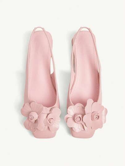 CUCCOO CHICEST Women Fashion Pink 3D Floral Decor Strap Low Heel Square Toe Versatile Commuting & Party Flat Slingback Shoes For Christmas Elegant Shoes Wedding Shoes Summer Shoes Bride Shoes
