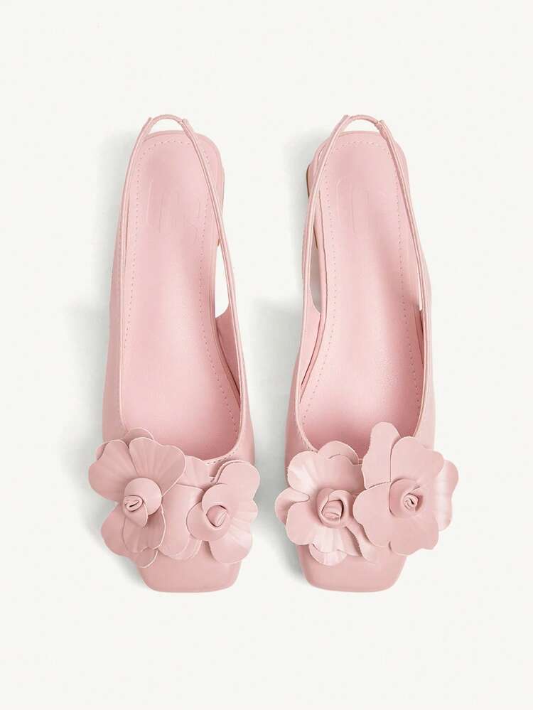 CUCCOO CHICEST Women Fashion Pink 3D Floral Decor Strap Low Heel Square Toe Versatile Commuting & Party Flat Slingback Shoes For Christmas Elegant Shoes Wedding Shoes Summer Shoes Bride Shoes