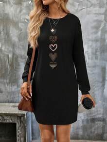 EMERY ROSE New Fashion Casual Women's Dress With Heart Print, Long Sleeve, Round Neck - Black - View 4