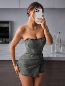 SHEIN PETITE Women's Denim Jumpsuit Dress With Ruched Asymmetrical Hem, Fashionable For Vacation And Travel - Grey - View 4