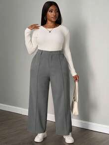 SHEIN PETITE CURVE Calça feminina plus size casual para o dia a dia no escritório, minimalista e versátil, de cor sólida, com costura frontal e pernas largas. - Cinza - Ver 5