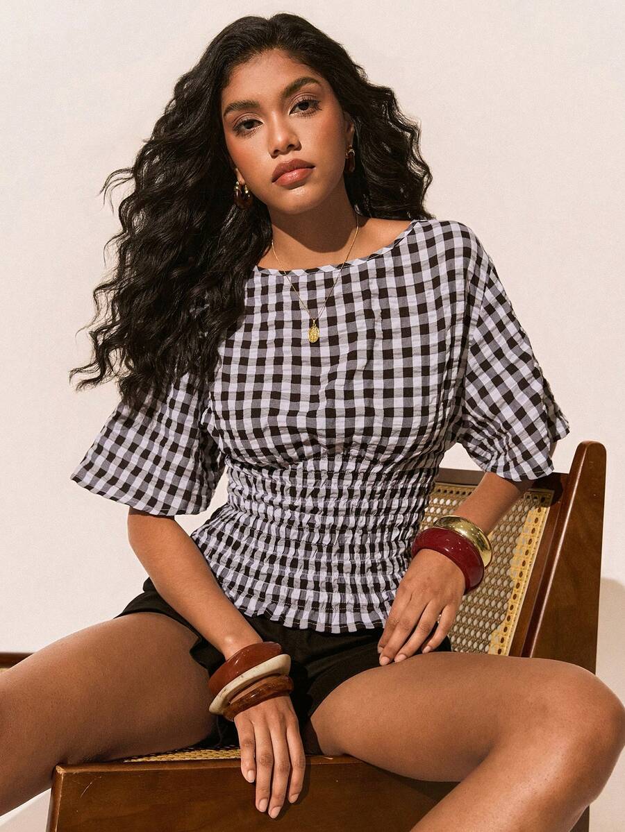 Poéselle 女士圆领短袖格子修身衬衫，女士外出上衣，优雅女士衬衫，女士休闲衬衫，女士沙滩装，女士度假装，夏季上衣，春夏款 - 黑與白 - 查看 1