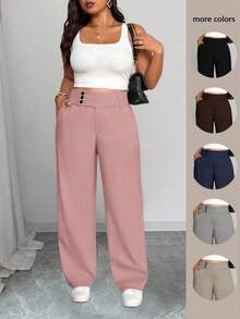 SHEIN PETITE CURVE Quần cạp cao tối giản màu trơn cỡ lớn, mặc thường ngày - Hồng - Xem 1