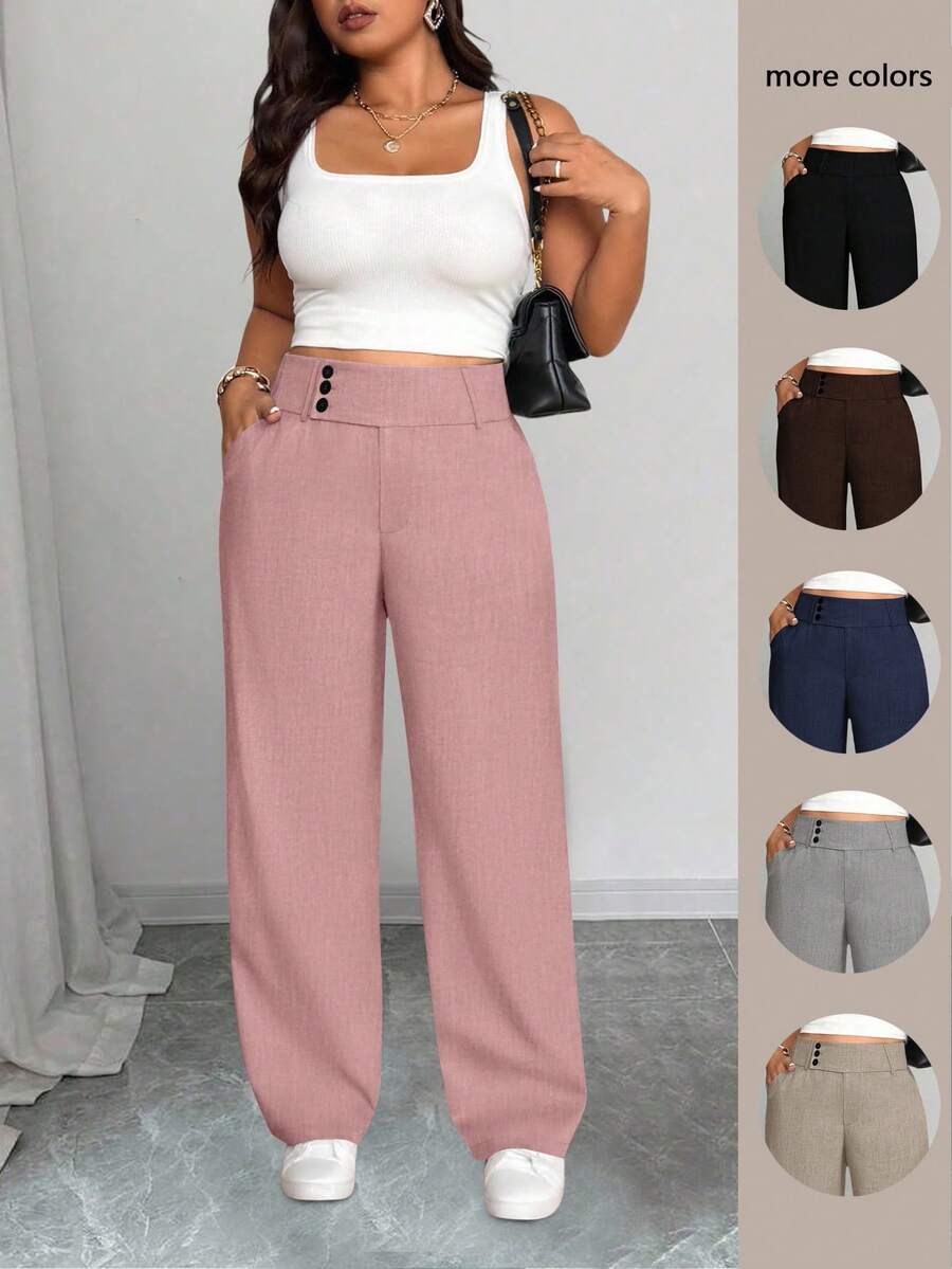 SHEIN PETITE CURVE Quần cạp cao tối giản màu trơn cỡ lớn, mặc thường ngày - Hồng - Xem 1