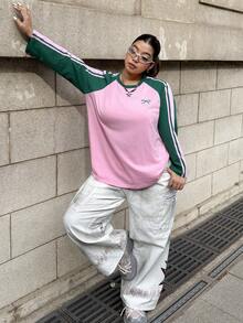 Muchica Plus Size Women's Bow Print Raglan Long Sleeve Casual Loose T-Shirt