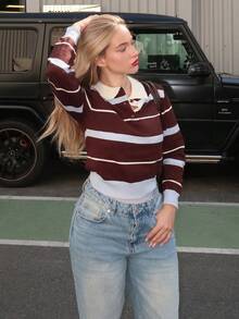 Turnttoni 女式秋冬学院风马球领撞色条纹棕蓝宽松针织毛衣 - 彩色 - 查看 5