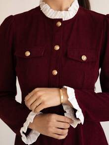 Andrea Bello 立领前扣撞色优雅修身长袖连衣裙酒红色女装 - 酒紅色 - 查看 5