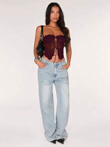 SHEIN BAE Women's Sexy Lace Sheer Tie-Up Spaghetti Strap Camisole Top, Suitable For Date Night, Girls' Night Out, Birthday Party, Cocktail Party, Nightclub, Holiday Party - Maroon - View 3