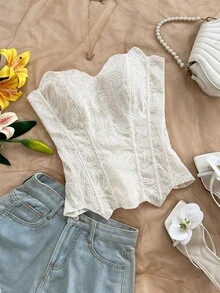 Soleia 性感露肩蕾丝双层修身束身胸衣上衣，镂空刺绣，适合度假、夜店、婚礼宾客、秋季穿着。 - 白色 - 查看 6