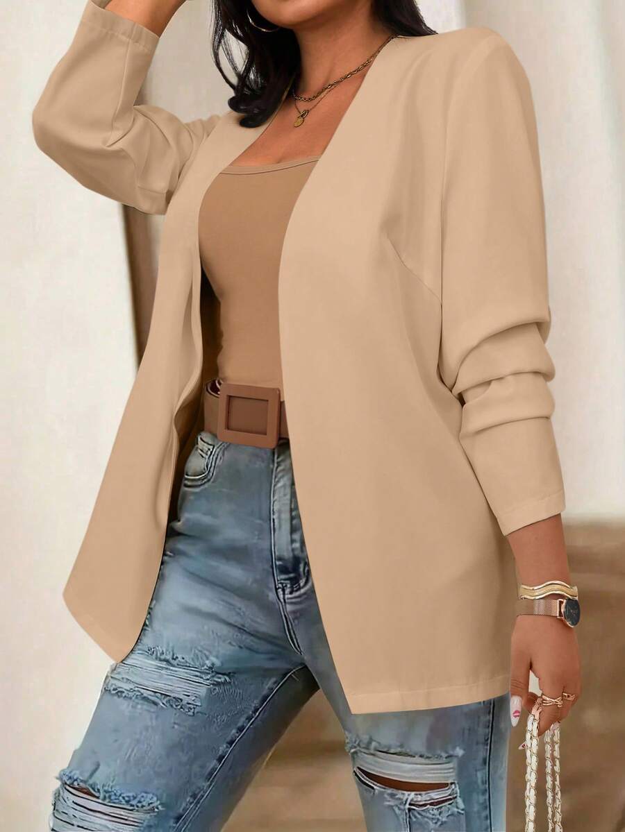 SHEIN PETITE 娇小女款简约休闲百搭轻薄西装外套 - 卡其色 - 查看 1