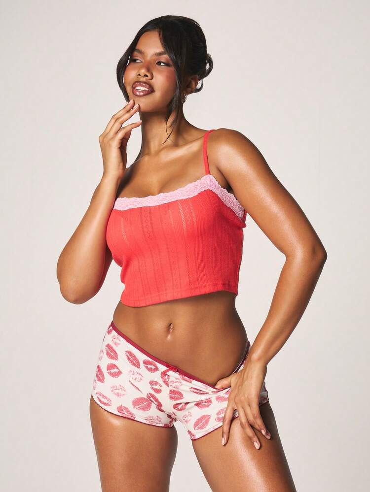 MISSGUIDED Kiss Print Boyshort Underwear With Lace Trim Detail Stretch Intimate Comfort Fit Low Rise Brief
