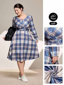 Momelise Plus Size Plaid Print Round Neck Long Sleeve Dress Curve Plus Dress Women Plus Clothing Dress Plus Size Casual Dress Plaid Dress Maweii Plus Size Dress Romwe Plus Size