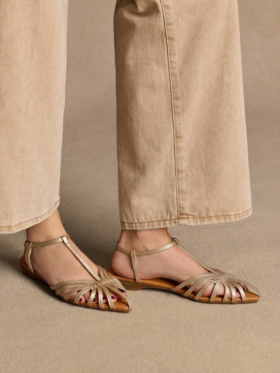 Rosivie Giày sandal La Mã dệt rỗng mới năm 2026, giày bệt nữ thời trang mũi kín một quai kiểu dáng casual đi biển. - Vàng nhạt - Xem 1
