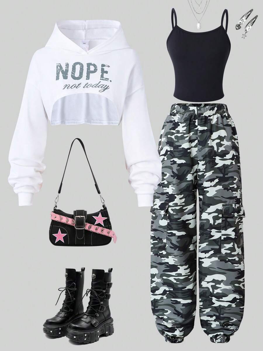 SHEIN 三件套少女字母印花连帽衫上衣+黑色吊带背心+迷彩印花束脚裤休闲套装,适合春秋季日常穿着 - 軍綠色 - 查看 1