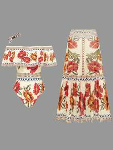 Swim Oasis Women's Elegant Vintage Off Shoulder Detachable Strap One Piece Swimsuit+ Printed Mesh Pleated Skirt, Spring/Summer - Multicolor - View 3