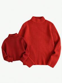 Manfinity Homme 男士圣诞家庭纯色简约休闲高领长袖毛衣，秋冬款 - 紅色 - 查看 3