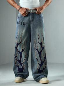 ROMWE MEN Spring Casual Graphic Men'S Casual Washed Flame Embroidery Wide Leg Jeans - Blue - View 1