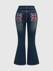 ROMWE Grunge Punk Calça Jeans Flare com Estampa da Bandeira do Reino Unido, Lavagem Vintage, Bolso, Estilo Y2K Baddie, Plus Size - Azul Marinho - Visão 1