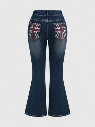 Grunge Punk Plus Size Y2K Baddie Vintage Washed Pocket UK Flag Print Flare Jeans