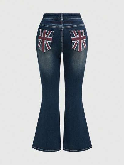 ROMWE Grunge Punk Plus Size Y2K Baddie Vintage Washed Pocket UK Flag Print Flare Jeans