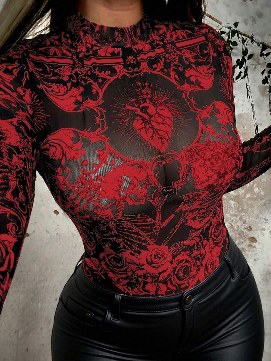 Whyspr Áo kiểu nữ cỡ lớn phong cách Punk Rock, chất liệu lưới, in họa tiết đồ họa, cổ tròn, tay dài, thanh lịch, cổ điển, thường ngày, thích hợp cho kỳ nghỉ, với họa tiết đầu lâu và hoa hồng phối màu tương phản. - Màu Đỏ Sâu - Xem 1