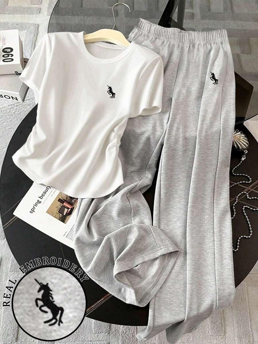 Resyla 两件套女士休闲短袖T恤和宽松长裤套装 - 彩色 - 查看 1