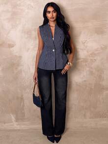 SHEIN Glamour Women's Striped Single-Breasted Casual/Work Sleeveless Thin Blazer Elegant Women's Blouses Women's Work Tops, Business Casual Woman Top - Blue - View 1