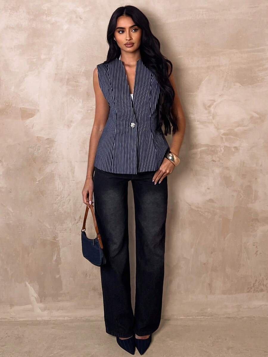 SHEIN Glamour Women's Striped Single-Breasted Casual/Work Sleeveless Thin Blazer Elegant Women's Blouses Women's Work Tops, Business Casual Woman Top - Blue - View 1