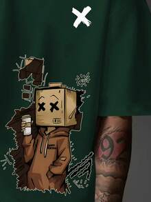 Manfinity Dauomo Camiseta de manga corta con cuello redondo y estampado minimalista para hombres - Verde Oscuro - Ver 3