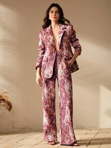 Anewsta 复古优雅随机提花收腰提花度假西装外套，女士秋冬款 - 紅色 - 查看 5