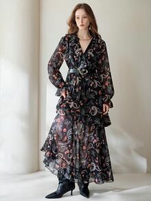 Aveloria Modichic Robe longue à manches longues bohème décontractée pour femmes, avec boucle métallique à la taille, imprimé aléatoire de fleurs de cachemire et de paisley en mousseline de soie élégante et vintage