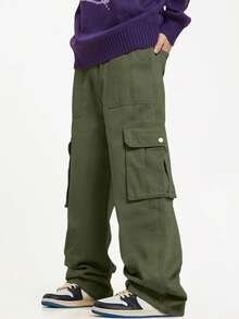 Chillumni Men's Casual Fashion Street Simple Versatile Solid Color Flap Pocket Side Loose Cargo Pants - Army Green - View 4