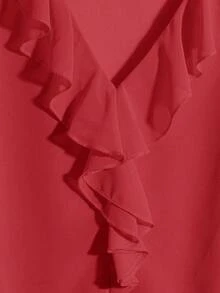 SHEIN Clasi Plus Size Plain Simple Ruffle Hem Short Sleeve Shirt, Going Out Tops - Red - View 4