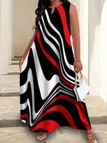 Maweii 女士加大码中长连衣裙，适合夏季穿着，优雅休闲，不规则条纹，度假风，夏季连衣裙，夏季女装，长款。 - 彩色 - 查看 3