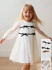 Playful Pals 少女优雅蝴蝶结装饰圆领纽扣后背长袖波点网纱连衣裙，适合春秋季外出、拍照、日常穿着和派对场合。 - 白色 - 查看 7