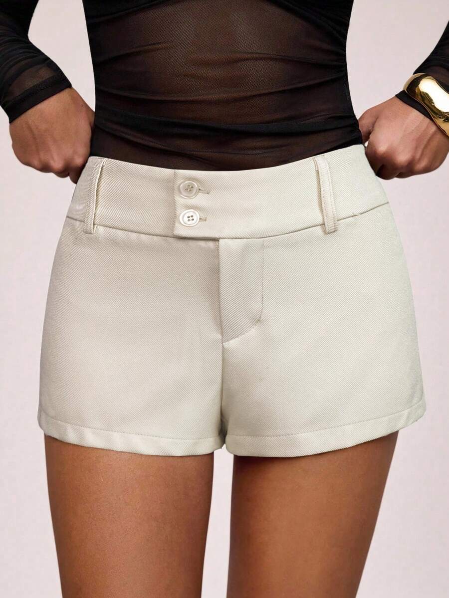 SHEIN BAE Quần short thường ngày màu trơn dành cho nữ - Màu be - Xem 1