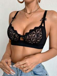 DesireSculpt 1 pieza Sujetador inalámbrico de encaje y parches para mujer - Negro - Ver 3