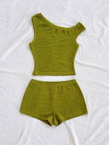 Soleia Bộ đồ nghỉ mát xuân/hè 2 món cho nữ: Áo crop top lệch vai dệt kim sọc đỏ trắng và quần short ôm sát cạp siêu thấp, thích hợp cho tiệc tùng, Giáng sinh, Ngày lễ tình nhân, hẹn hò, bãi biển, du thuyền, lễ hội hóa trang, lễ Phục sinh, Tết Nguyên đán - Nhiều màu - Xem 5