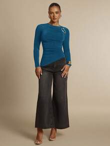 Silquee Áo nữ tay dài màu nâu cà phê trơn, phối kim loại, eo nhún bèo, vạt bất đối xứng, chất liệu co giãn, ôm sát, phù hợp cho mặc thường ngày, công sở, hẹn hò, dự tiệc. - Màu xanh ngọc - Xem 5