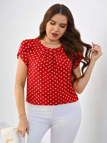 SHEIN Clasi 大码波点印花荷叶边圆领休闲短袖衬衫 - 紅色 - 查看 3