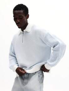 SUMWON 男士宽松版型四分之一拉链纹理针织 Polo 衫长袖翻领套头毛衣秋冬叠穿必备纯色 - 藍色 - 查看 3