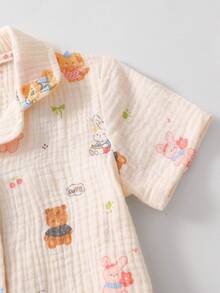 Baby Girls' Cotton Gauze Cute Cartoon Rabbit, Bear, Elephant Colorful Pattern Short Sleeve Pants Lapel Cardigan Pajama Set - Multicolor - View 7