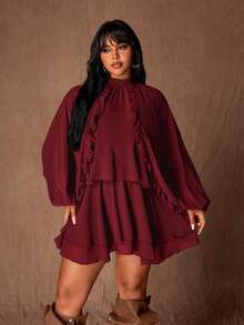 Rustia Vestido mini de manga larga con cintura ajustada y volantes en el bajo, talla grande, color marrón - Burdeos - Ver 6