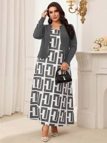 Modelyn Plus Size Casual Daily All-Over Print Dress And Solid Color Jacket 2 Pieces Set, Autumn - Dark Grey - View 5