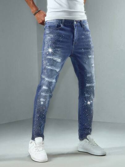Herren Jeans mit Strass-Verzierung und zerrissenen Taschen