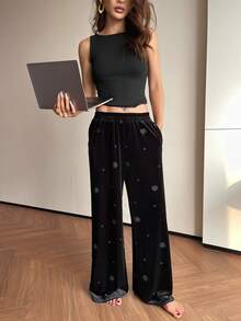 DAZY Velvet Floral Print Loose Women's Pajama Bottoms - Black - View 8
